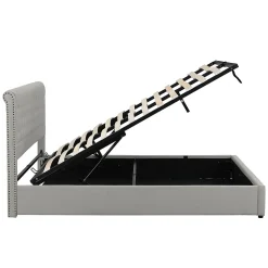 Lit 140x190 cm avec rangement (sommier inclus) et tête de lit rembourrée en lin gris minimaliste européen