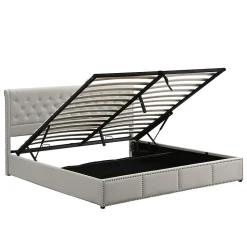 Lit 140x190 cm avec rangement (sommier inclus) et tête de lit rembourrée en lin gris minimaliste européen