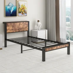 Lit 90x200 cm avec rangement sous cadre et tête de lit en MDF, structure métal brun antique