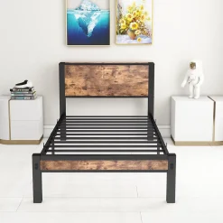 Lit 90x200 cm avec rangement sous cadre et tête de lit en MDF, structure métal brun antique