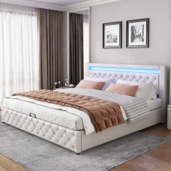 Lit 180x200 cm avec rangement sous sommier et tête de lit rembourrée en PU, design moderne et élégant