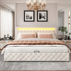 Lit 180x200 cm avec rangement sous sommier et tête de lit rembourrée en PU, design moderne et élégant