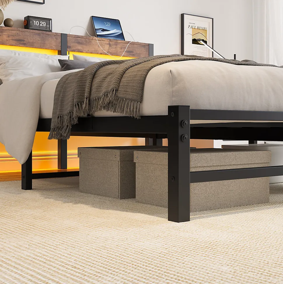 Lit 140x200 cm avec rangement sous le lit et éclairage LED RGB, cadre métal et surface boisée noir brun