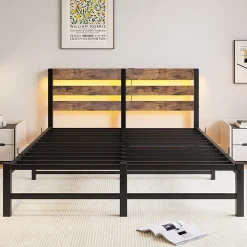 Lit 140x200 cm avec rangement sous le lit et éclairage LED RGB, cadre métal et surface boisée noir brun