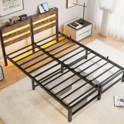 Lit 140x200 cm avec rangement sous le lit et éclairage LED RGB, cadre métal et surface boisée noir brun