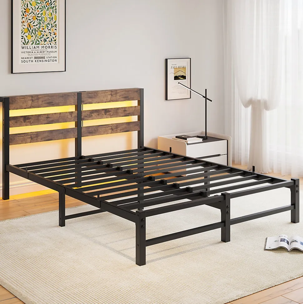 Lit 140x200 cm avec rangement sous le lit et éclairage LED RGB, cadre métal et surface boisée noir brun