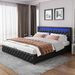 Lit 160x200 cm avec rangement, tête de lit rembourrée et éclairage LED, tapissé PU noir, sommier inclus