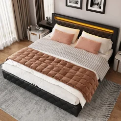 Lit 160x200 cm avec rangement, tête de lit rembourrée et éclairage LED, tapissé PU noir, sommier inclus