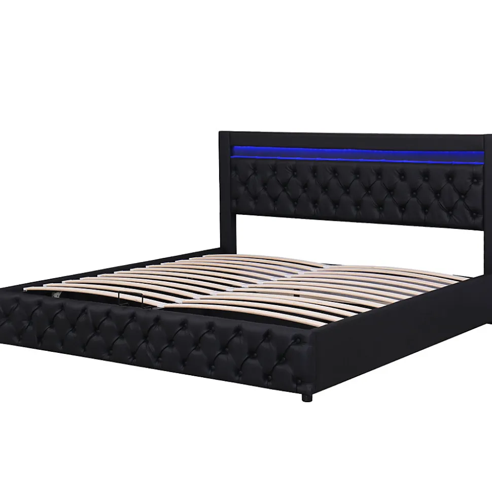 Lit 160x200 cm avec rangement, tête de lit rembourrée et éclairage LED, tapissé PU noir, sommier inclus