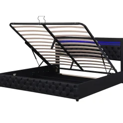 Lit 160x200 cm avec rangement, tête de lit rembourrée et éclairage LED, tapissé PU noir, sommier inclus