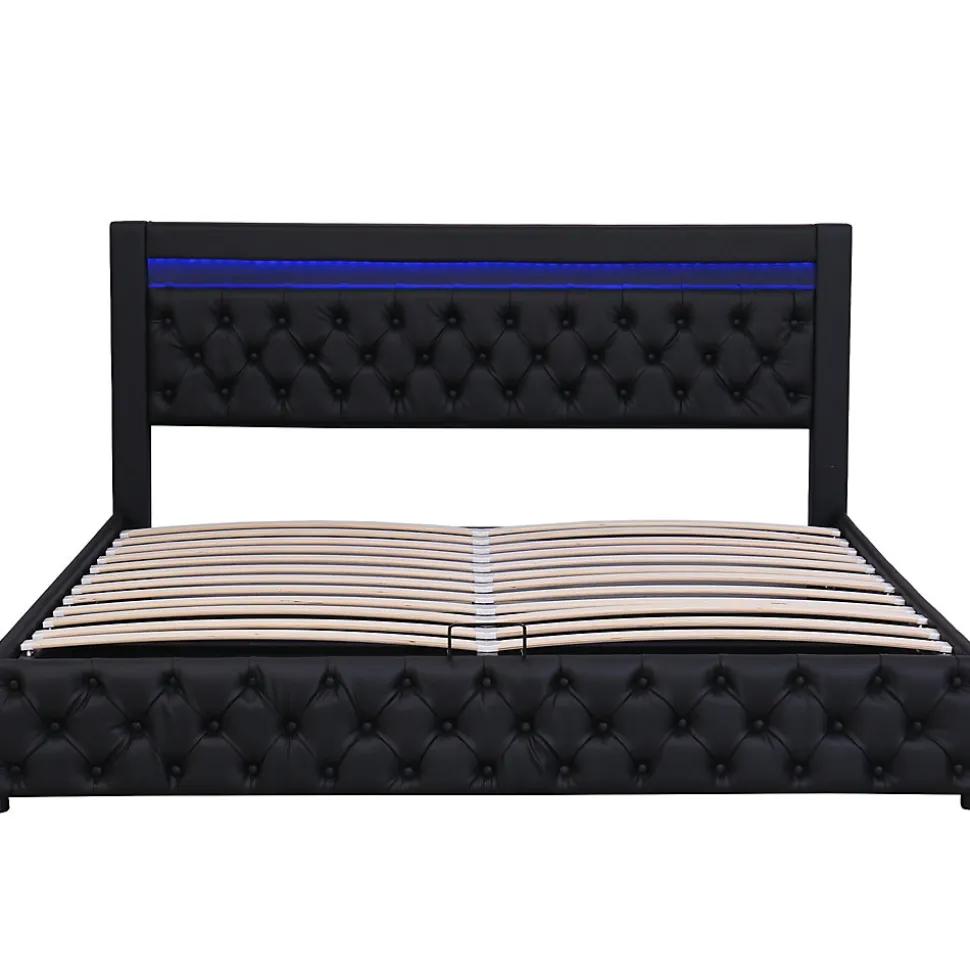 Lit 160x200 cm avec rangement, tête de lit rembourrée et éclairage LED, tapissé PU noir, sommier inclus