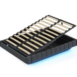 Lit 140x200 cm avec rangement, tapissé lin gris, éclairage LED multicolore intégré, sans tête de lit