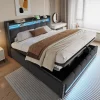 Lit 180x200 cm avec rangement, tête de lit éclairée led et revêtement en lin gris, système hydraulique