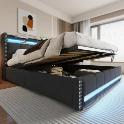 Lit 180x200 cm avec rangement, tête de lit éclairée led et revêtement en lin gris, système hydraulique