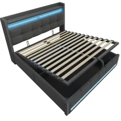 Lit 180x200 cm avec rangement, tête de lit éclairée led et revêtement en lin gris, système hydraulique
