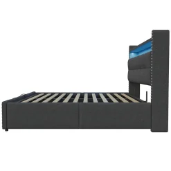 Lit 180x200 cm avec rangement, tête de lit éclairée led et revêtement en lin gris, système hydraulique