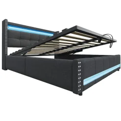 Lit 180x200 cm avec rangement, tête de lit éclairée led et revêtement en lin gris, système hydraulique