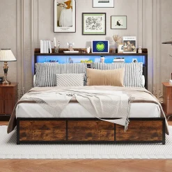 Lit 180x200 cm avec sommier à lattes, LED, 4 tiroirs, Adolescents, sans matelas