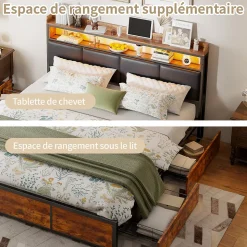 Lit 180x200 cm avec sommier à lattes, LED, 4 tiroirs, Adolescents, sans matelas