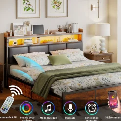 Lit 180x200 cm avec sommier à lattes, LED, 4 tiroirs, Adolescents, sans matelas