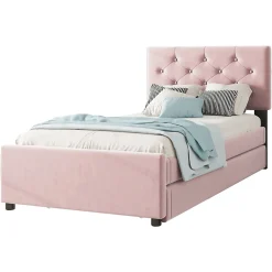 Lit 90x200 cm avec sommier à lattes et tiroir roulant, tête de lit capitonnée à boutons, tapissé velours rose