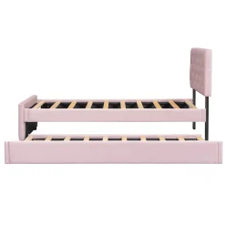 Lit 90x200 cm avec sommier à lattes et tiroir roulant, tête de lit capitonnée à boutons, tapissé velours rose