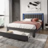 Lit 160x200 cm avec sommier à Lattes et tiroir, Lit rembourré avec USB et LED, Gris