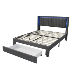 Lit 160x200 cm avec sommier à Lattes et tiroir, Lit rembourré avec USB et LED, Gris
