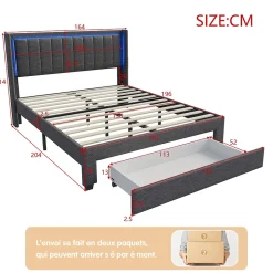 Lit 160x200 cm avec sommier à Lattes et tiroir, Lit rembourré avec USB et LED, Gris