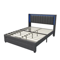 Lit 160x200 cm avec sommier à Lattes et tiroir, Lit rembourré avec USB et LED, Gris