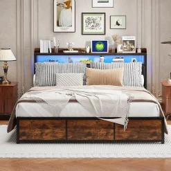 Lit 160x200 cm avec sommier à lattes, LED, 4 tiroirs, Adolescents, sans matelas