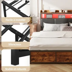 Lit 160x200 cm avec sommier à lattes, LED, 4 tiroirs, Adolescents, sans matelas