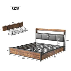 Lit 160x200 cm avec sommier à lattes, LED, 4 tiroirs, Adolescents, sans matelas