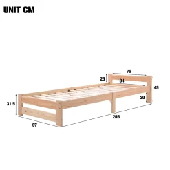 Lit 90x200 cm avec sommier à lattes, Lit solide et naturel en bois massif, confortable et durable, couleur bois naturel