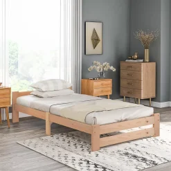 Lit 90x200 cm avec sommier à lattes, Lit solide et naturel en bois massif, confortable et durable, couleur bois naturel