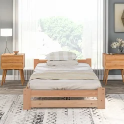 Lit 90x200 cm avec sommier à lattes, Lit solide et naturel en bois massif, confortable et durable, couleur bois naturel