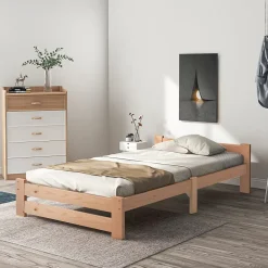 Lit 90x200 cm avec sommier à lattes, Lit solide et naturel en bois massif, confortable et durable, couleur bois naturel