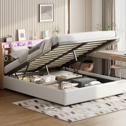 Lit 160x200 cm avec sommier à lattes, rangement LED, tête de lit 3 compartiments, polyuréthane blanc, fonction lift hydraulique.