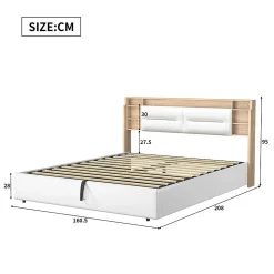 Lit 160x200 cm avec sommier à lattes, rangement LED, tête de lit 3 compartiments, polyuréthane blanc, fonction lift hydraulique.