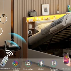 Lit 160x200 cm avec sommier à lattes, rangement LED, tête de lit 3 compartiments, polyuréthane blanc, fonction lift hydraulique.