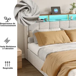 Lit 140x190 cm avec sommier éclairage LED et USB, 4 tiroirs et tête de lit de Rangement, Lin, Beige
