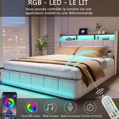 Lit 140x190 cm avec sommier éclairage LED et USB, 4 tiroirs et tête de lit de Rangement, Lin, Beige