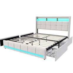 Lit 140x190 cm avec sommier éclairage LED et USB, 4 tiroirs et tête de lit de Rangement, Lin, Beige
