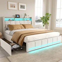 Lit 140x190 cm avec sommier éclairage LED et USB, 4 tiroirs et tête de lit de Rangement, Lin, Beige