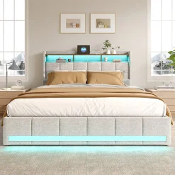 Lit 140x190 cm avec sommier éclairage LED et USB, 4 tiroirs et tête de lit de Rangement, Lin, Beige