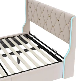 Lit 140x190 cm avec Sommier et LED, Lit Coffre 140x190 sommier à Lattes, Velours, Beige
