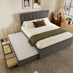 Lit 140x200 cm avec sommier gigogne et 3 tiroirs, tête de lit réglable, tapissé lin gris, cadre bois robuste