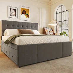 Lit 140x200 cm avec sommier gigogne et 3 tiroirs, tête de lit réglable, tapissé lin gris, cadre bois robuste