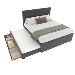 Lit 140x200 cm avec sommier gigogne et 3 tiroirs, tête de lit réglable, tapissé lin gris, cadre bois robuste