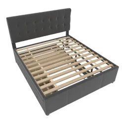 Lit 140x200 cm avec sommier gigogne et 3 tiroirs, tête de lit réglable, tapissé lin gris, cadre bois robuste